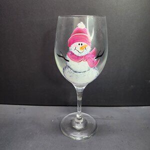 Hand Painted Pink Snowman Stemmed Wine Glass Winter Christmas 9'' Tall